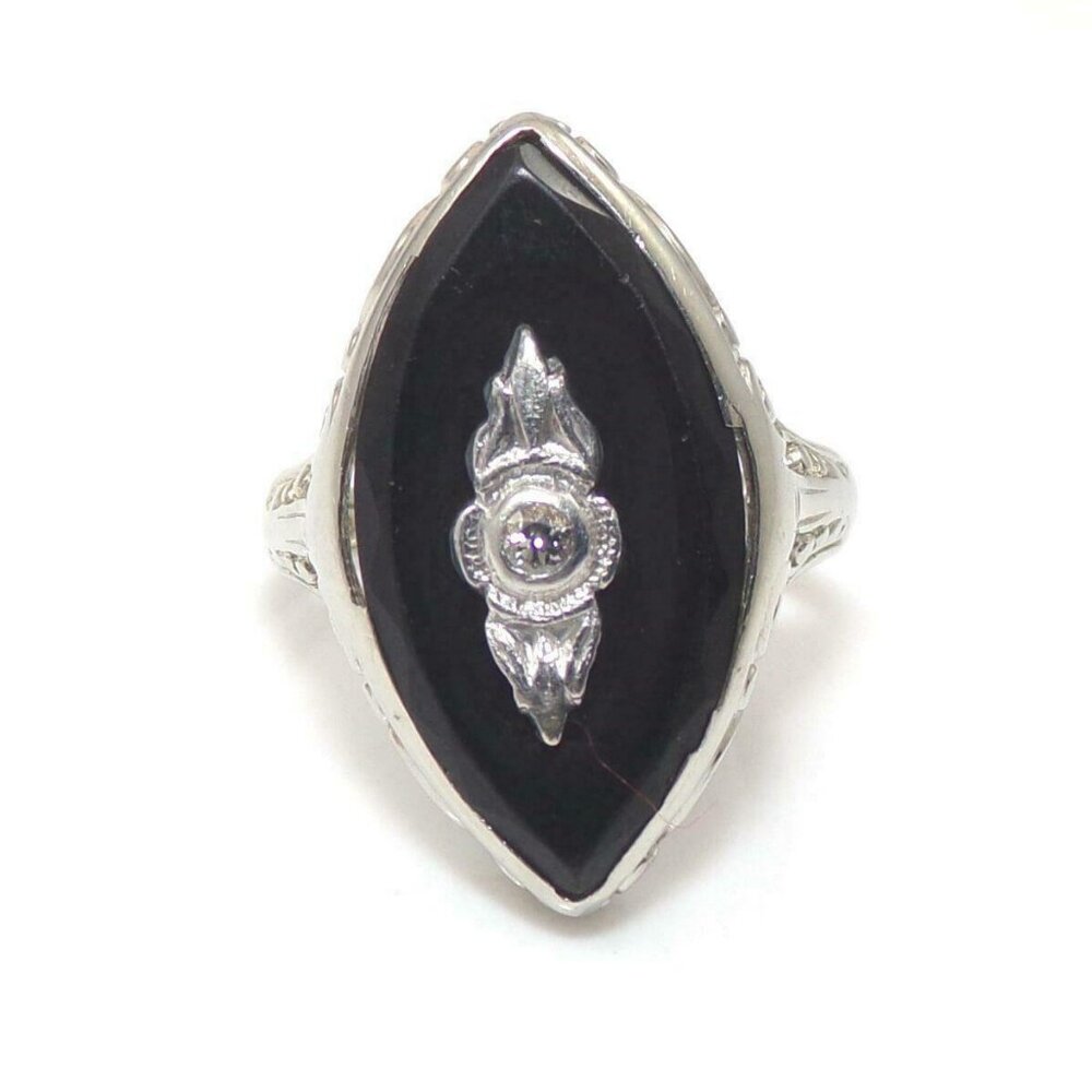 Vintage Antique 18K White Gold Ring Size 3.75 Black Onyx Diamond